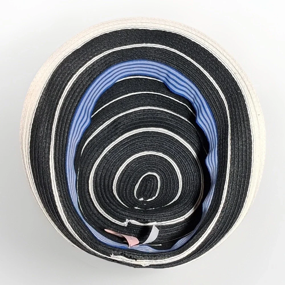 Juicy‎ Couture Black White Striped Straw Cloche Hat Blue Crown Pin YTRUH275 2012